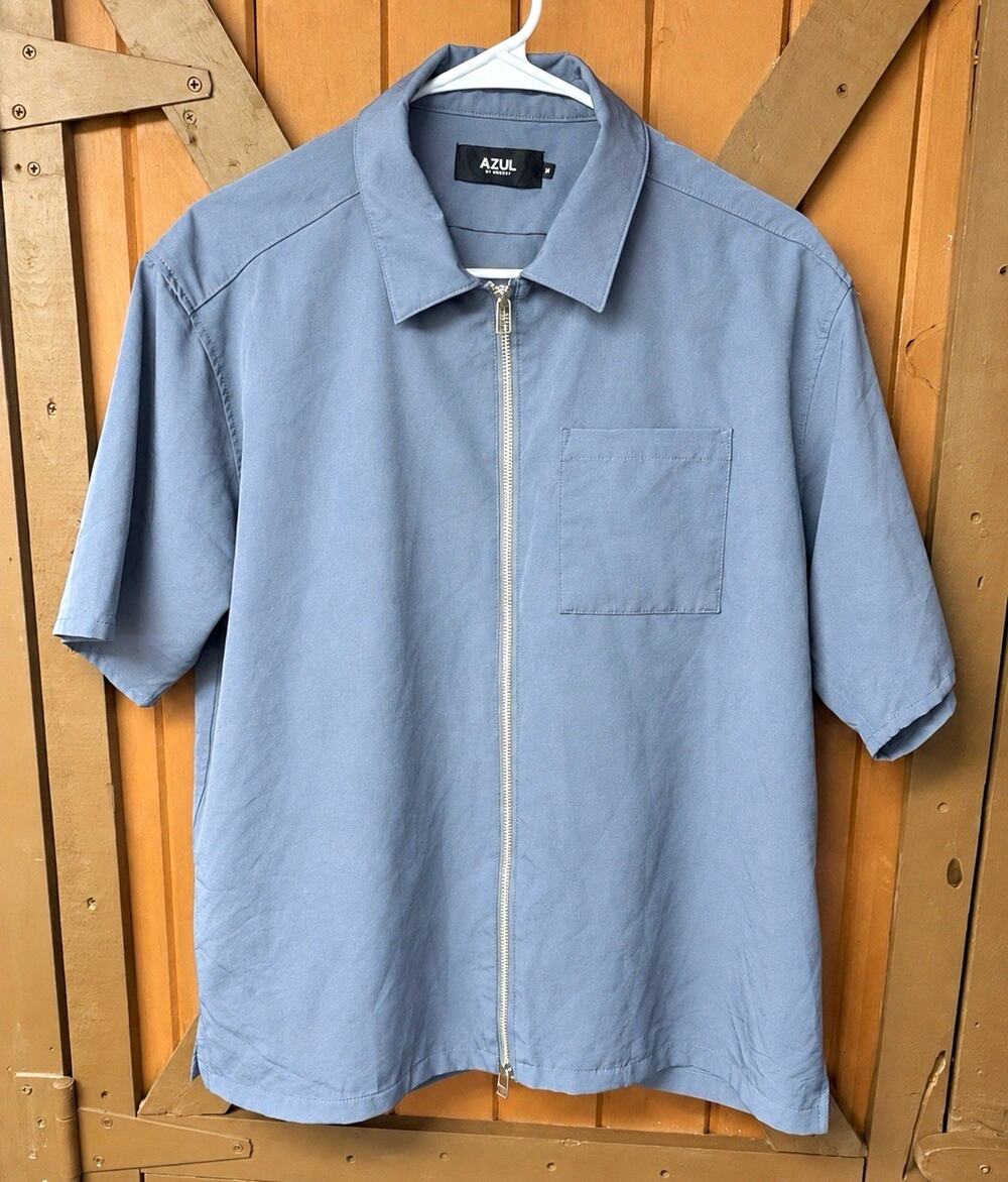 AZUL by Moussy Men’s M Blue Short Sleeve Full Zip Shirt Two Way Japan